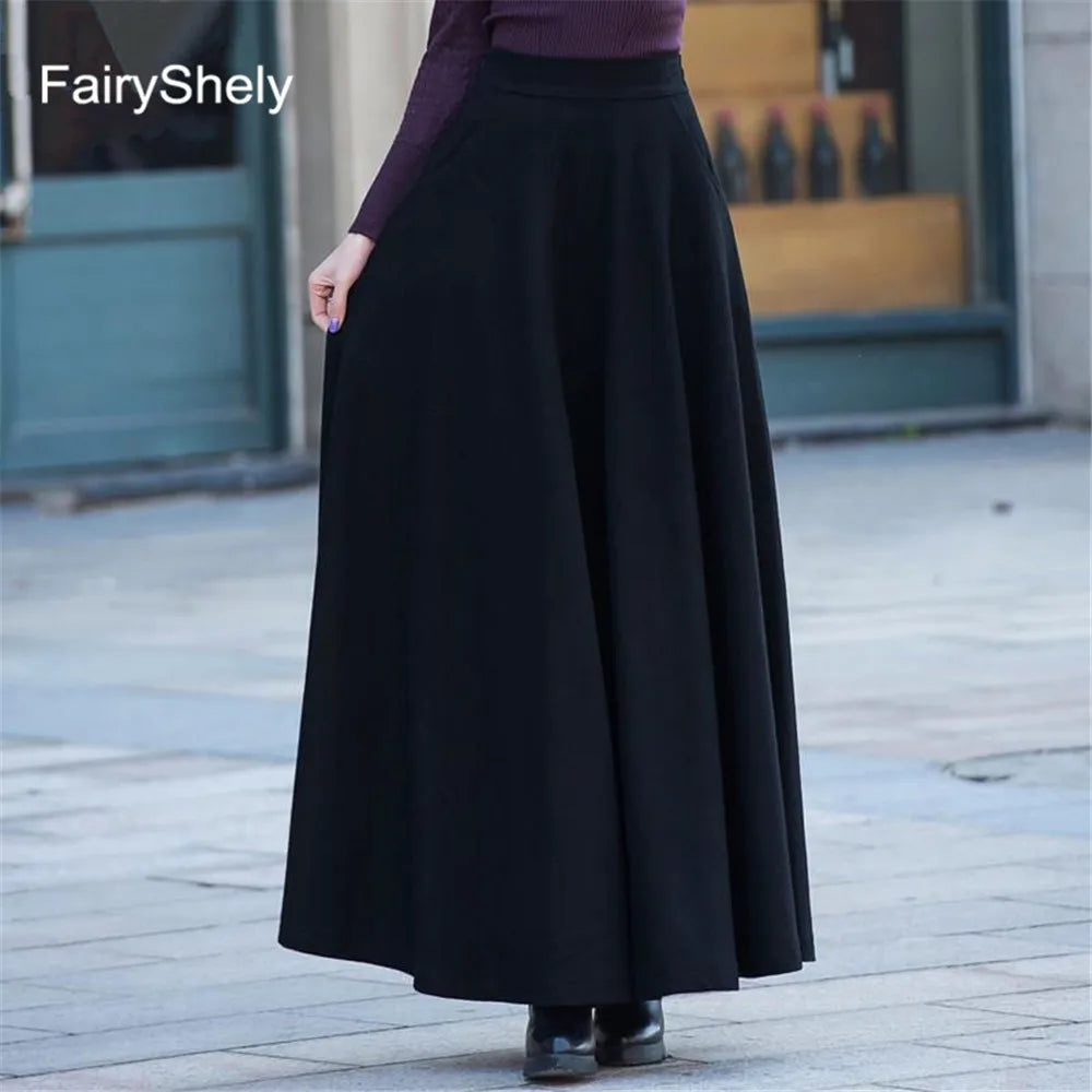 FairyShely Vintage Pleated Long Skirt Women 2025 Autumn Winter Woolen High Waist Black Skirts Female Flare Pocket.