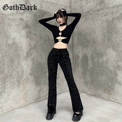 Goth Dark Vintage Floral Scratched Mall Gothic Pants Velvet High Waist Skinny Flare Trousers for Women Streetwear Cyber Y2K Pant