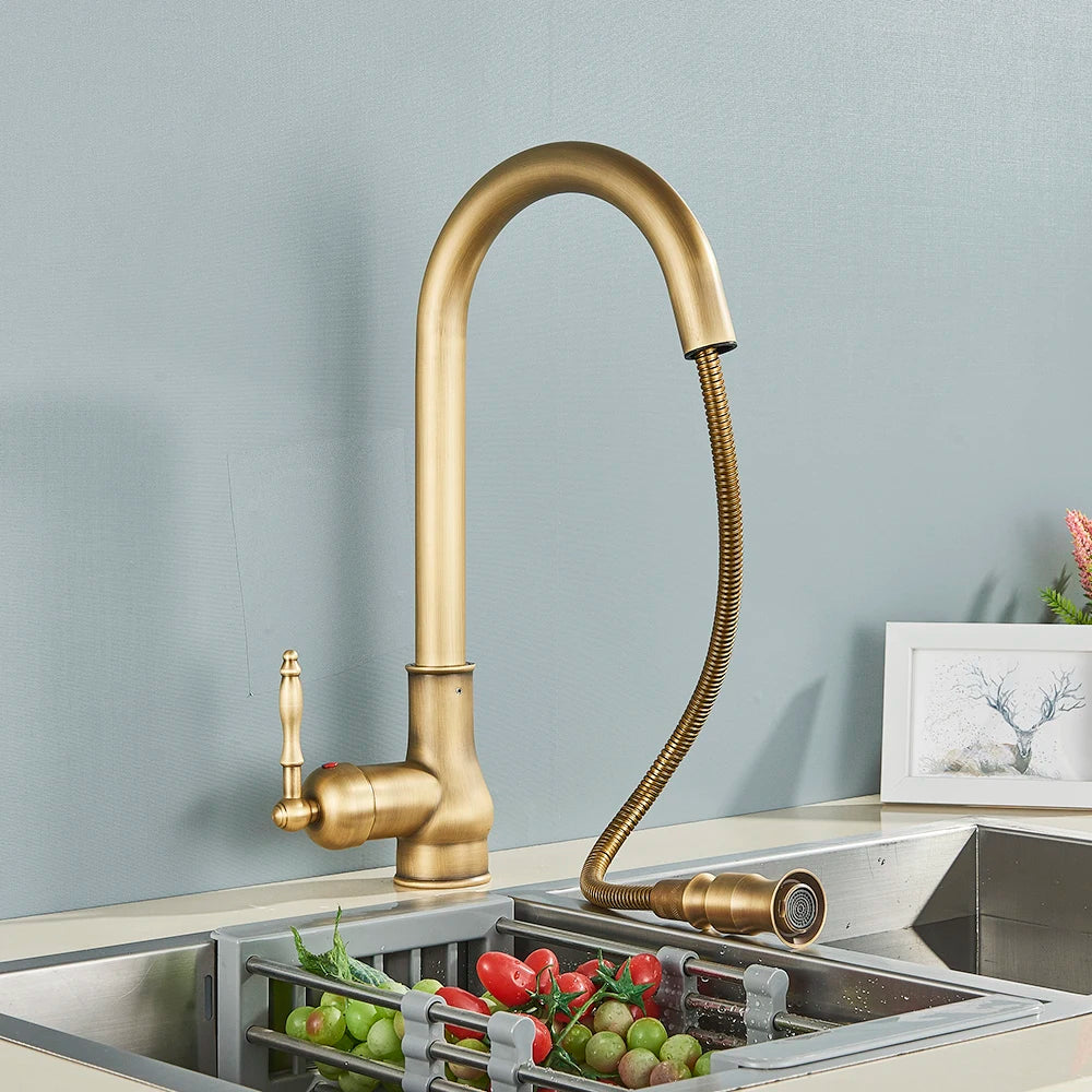 Antique Brass Kitchen Sink Faucet Pull Down Swivel Spout Kitchen Deck Mounted Bathroom Hot and Cold Water Mixers Tap