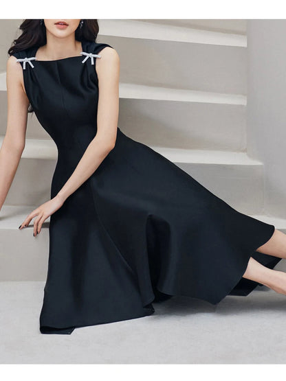 TWOTWINSTYLE Elegante Schwarz Kleid Für Frauen Quadrat Kragen Ärmellose Hohe Taille Solide Patchwork Bowknot Midi Kleider Weiblichen Stil.