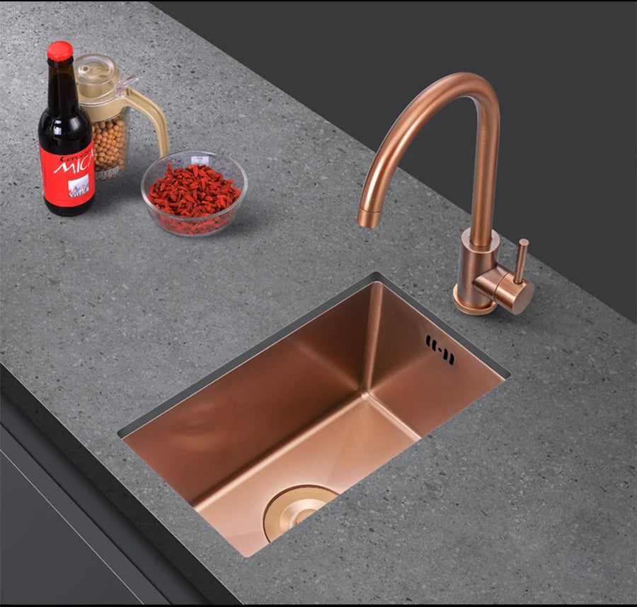 Rose Gold Kitchen Sink Nanometer Technology Gold 4mm thickness 304 Stainless Steel Manual Sink Single Bar Counter Kitchen Sink