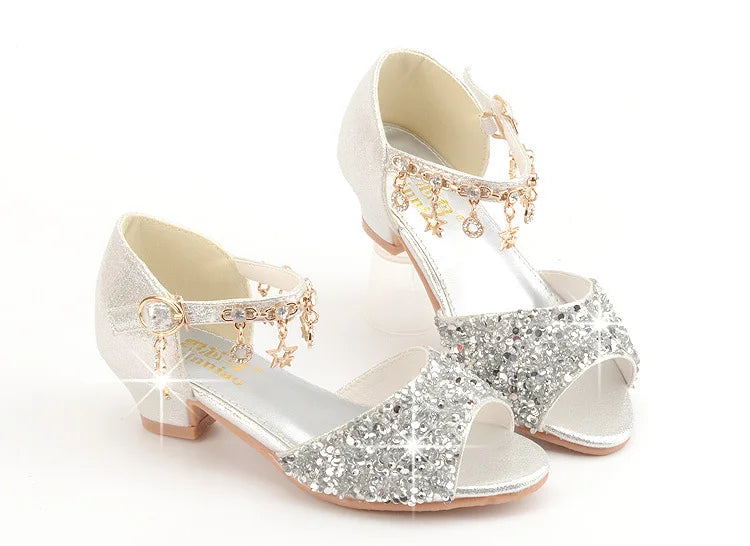 Girls Sandals Children Crystal Shoes 2023 Summer Kids Glitter Shoes High Heels Sequined Rhinestone Pendants Open Toes Princess.