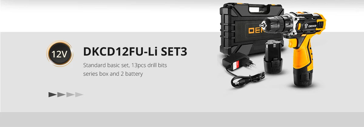 DEKO 12/16/20 V Akku-Bohrschrauber, 2-Gang-Akku, wiederaufladbarer Elektroschrauber, Lithium-Batterie, Kombinationsbox für Elektrowerkzeuge