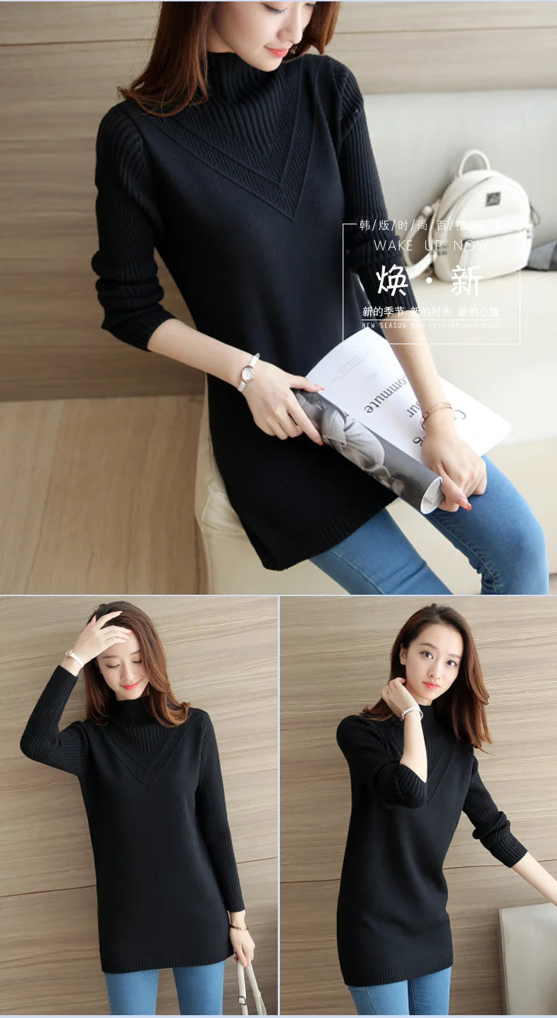 Frühling Herbst Winter Neue Rollkragenpullover Frauen Koreanische Lose Medium Lange Dicke Stricken Top Pullover Bodenbildung Pullover Ziehen