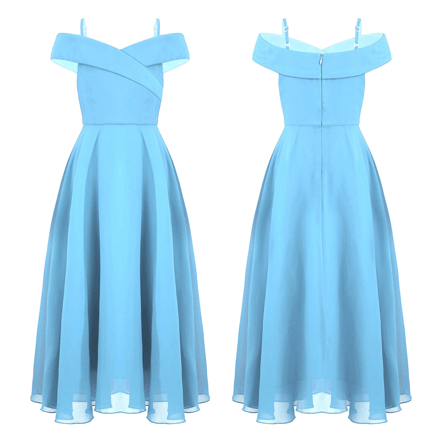 Elegantes Chiffon-Partykleid für Mädchen, schulterfrei, verstellbarer Spaghettiträger, bodenlanges Maxikleid für Hochzeit, Geburtstag, Abend
