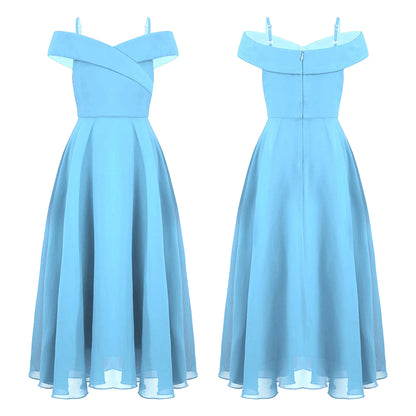 Elegantes Chiffon-Partykleid für Mädchen, schulterfrei, verstellbarer Spaghettiträger, bodenlanges Maxikleid für Hochzeit, Geburtstag, Abend
