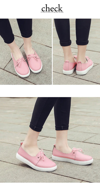 WOIZGIC Women Students Gril Female Genuine Leather White Shoes Flats Platform Lace Up Korean Casual Vulcanized Shoes FEZ-173.