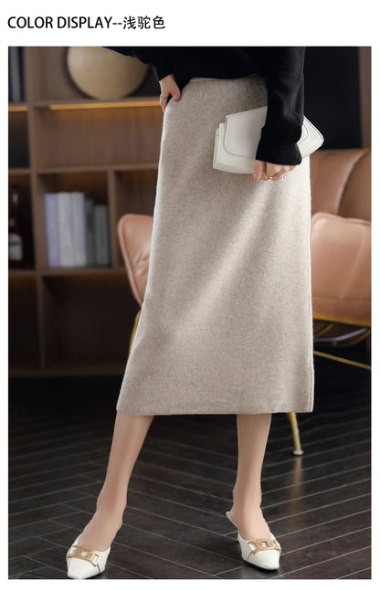 2024 Autumn Winter New 100%Pure Wool Knit Long Skirt Women Casual Thick Korean High Waist Pack Hip Cashmere Wild A-Line Skirt.