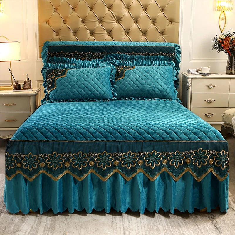 European Luxury Quilted Bed Skirt Winter Warm Thicken Velvet Bedspread King Good Hand Feeling Bed Skirt Not Included Pillowcase