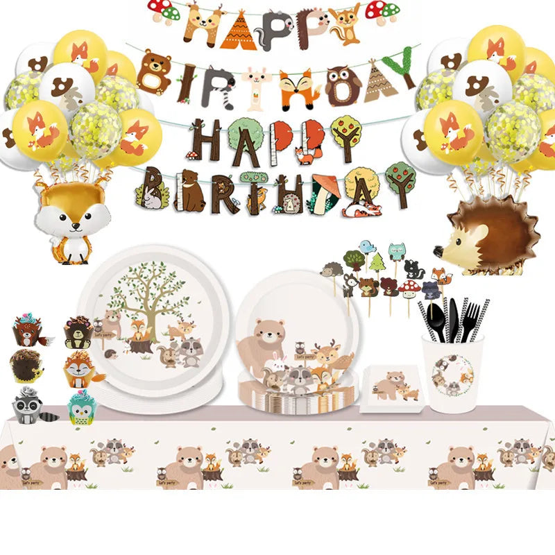 Dschungel Thema Partei Dekor Versorgung Einweg Geschirr Set Wald Tier Fuchs Hedgehog Ballon Baby Dusche Kid Geburtstag Kuchen Topper.