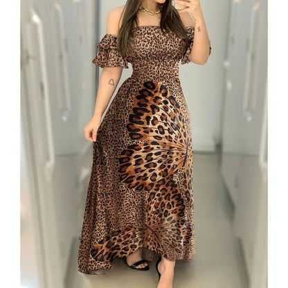 Boho Leopard Kleid Frauen Weg Schulter Rüschen Hülse Sommer Kleid Sexy Strappy Slash neck Vestido Lange Sommerkleid Party Kleider.