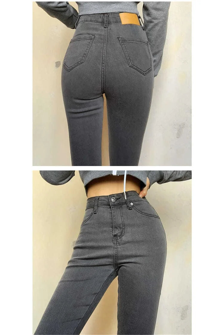 Classic Vintage Buttocks Black Gray Jeans for Women High Elastic Mom Jeans Female Washed Stretch Denim Pencil Pants clothes 40.