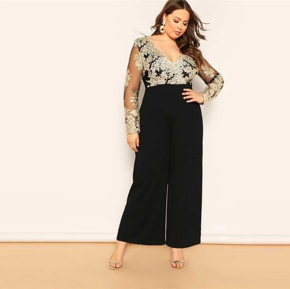 Wide Leg Casual Overalls Sexy Women V-Neck Elegant Lace Straight Party Jumpsuit Romper.