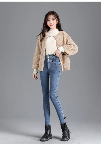 Thermische Winter Dicke Fleece High-taille Warme Dünne Jeans Dicke Frauen Stretch Taste Bleistift Hosen Mom Casual Samt Jeans
