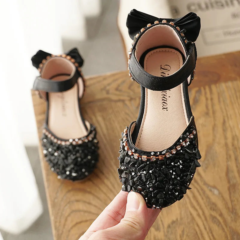New Kids Leather Shoes Girls Wedding Shoes Children Princess Sandals Sequins Bow Girls Casual Dance Shoes Flat Sandals E462.