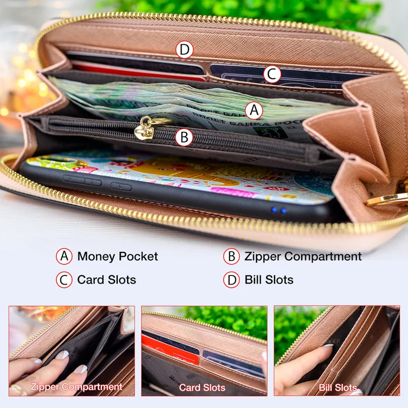 FOXER Women Split Leather Wallet Bifold Clutch Bag with Wristlet Fashion Card Holder Coin Purse Cellphone Bag Female Money Bag.