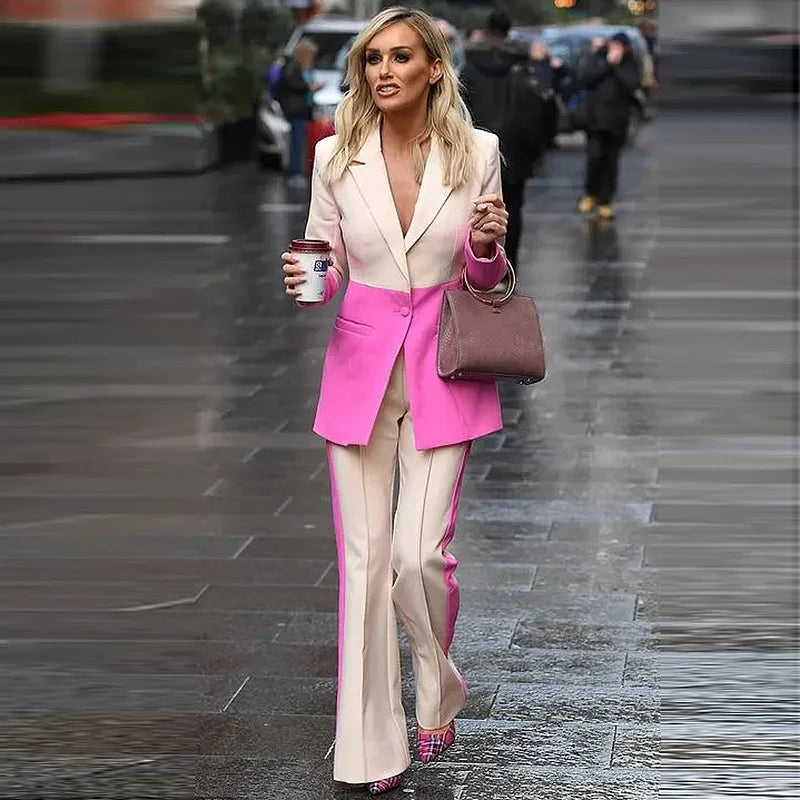 HIGH STREET Newest 2024 Designer Runway Suit Set Women's Single Button Color Block Blazer Flare Pants Suit.