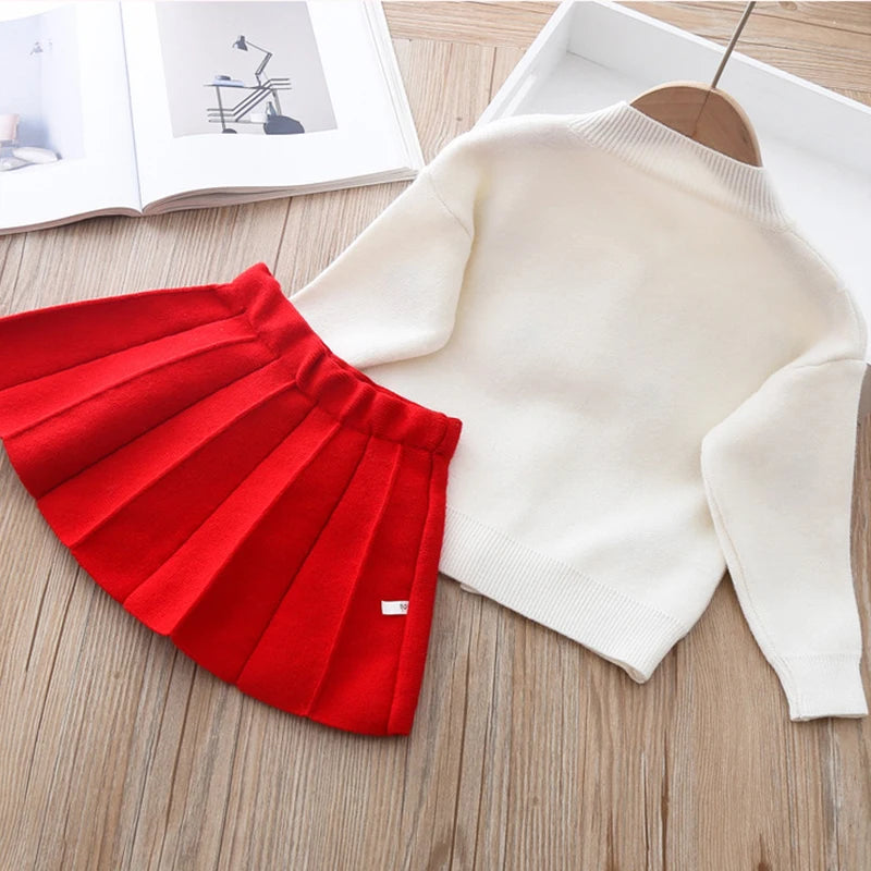 Girls long sleeve knitting suit 2025 Christmas autumn winter new girls sweater cardigan knitting Top + skirt two piece set.