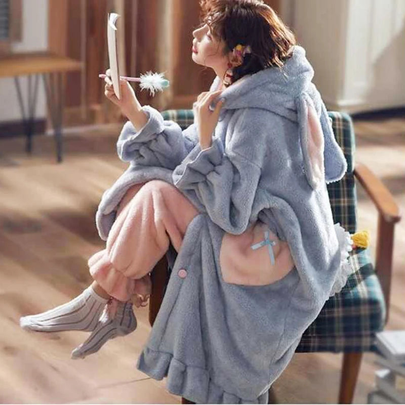 Winter Flannel Pajamas Set For Women Animal Thick Warm Sleepwear Hooded Nightgown With Pants Loose Pyjamas Suit Homewear Clothes.