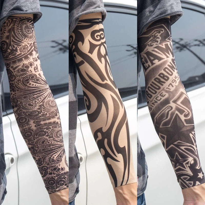 3PCS/lot new mixed 100%Nylon elastic Fake temporary tattoo sleeve skull wolf totem dragon designs body Arm stockings cool men