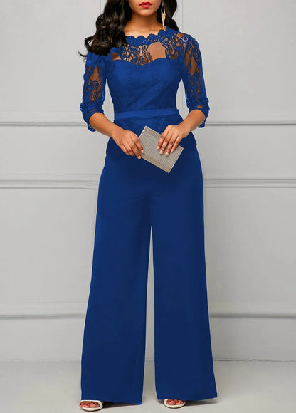 Elegant Sexy Jumpsuits Women Long Sleeve Lace Patchwork Jumpsuit Loose Trousers Wide Leg Pants Rompers Holiday Black Overalls.