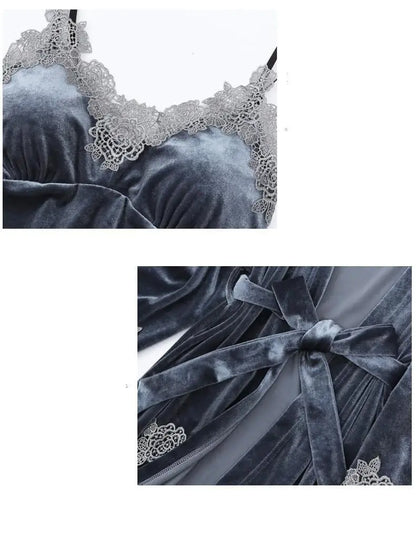 Autumn Velvet Women 4PCS Pajamas Set Sleepwear Burgundy Velour Bathrobe Nightwear Lace Patchwork Pijamas Suit Sexy Negligee.