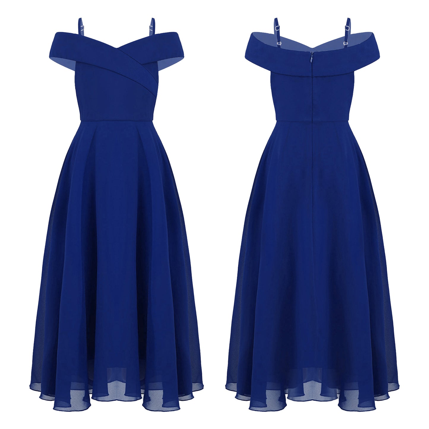 Elegantes Chiffon-Partykleid für Mädchen, schulterfrei, verstellbarer Spaghettiträger, bodenlanges Maxikleid für Hochzeit, Geburtstag, Abend.