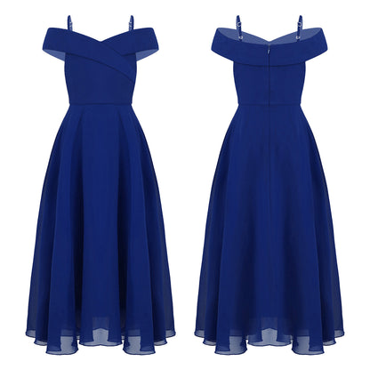 Elegantes Chiffon-Partykleid für Mädchen, schulterfrei, verstellbarer Spaghettiträger, bodenlanges Maxikleid für Hochzeit, Geburtstag, Abend.