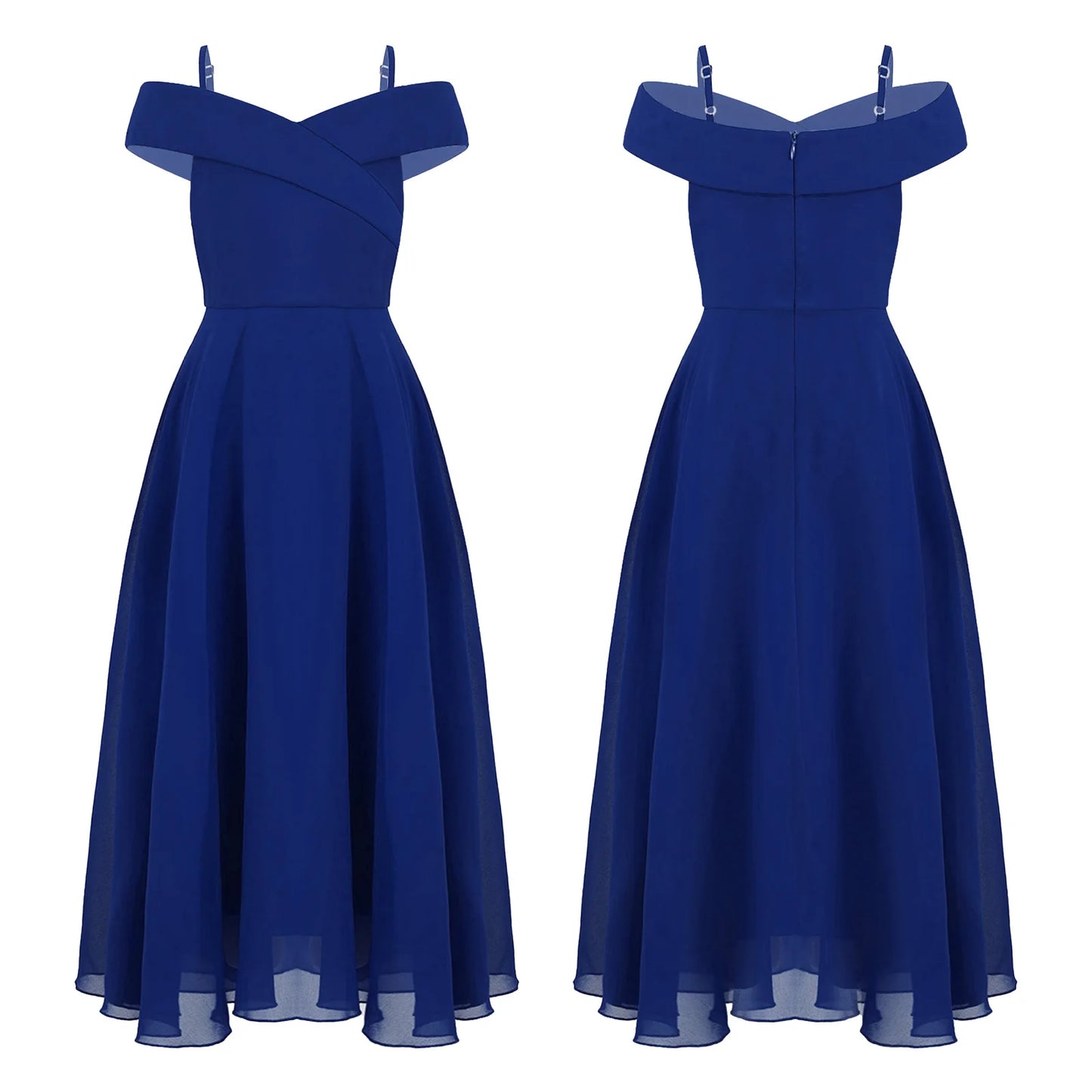 Elegantes Chiffon-Partykleid für Mädchen, schulterfrei, verstellbarer Spaghettiträger, bodenlanges Maxikleid für Hochzeit, Geburtstag, Abend