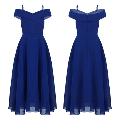 Elegantes Chiffon-Partykleid für Mädchen, schulterfrei, verstellbarer Spaghettiträger, bodenlanges Maxikleid für Hochzeit, Geburtstag, Abend