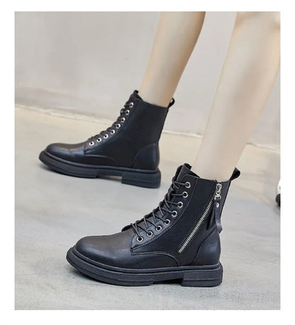 WOIZGIC Women's Ladies Genuine Leather Female Shoes Ankle Boots Platform Lace Up Warm Winter Autumn Fur Plush Motorcycle.