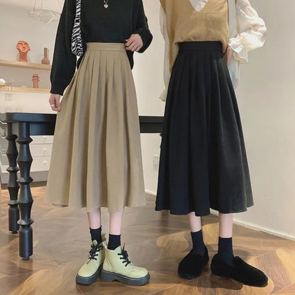 Lucyever Vintage Brown High Waist Pleated Skirt Women Korean Fashion College Style Long Skirt Ladies Autumn Casual A line Skirts.