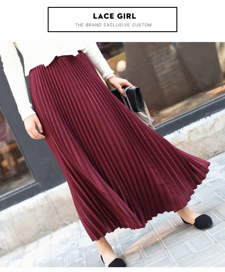Classical Women Pleated Skirt 90cm/80cm Long Female Elastic Waist Skirt Big Size Velvet Pleated Skirt for Winter Ankle-Length