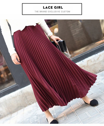 Classical Women Pleated Skirt 90cm/80cm Long Female Elastic Waist Skirt Big Size Velvet Pleated Skirt for Winter Ankle-Length