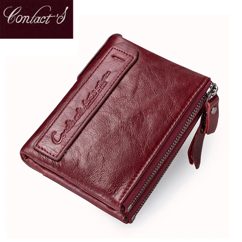 Fashion Genuine Leather Women Wallet Bi-fold Wallets Red ID Card Holder Coin Purse With Double Zipper Small Women's Purse 2022.