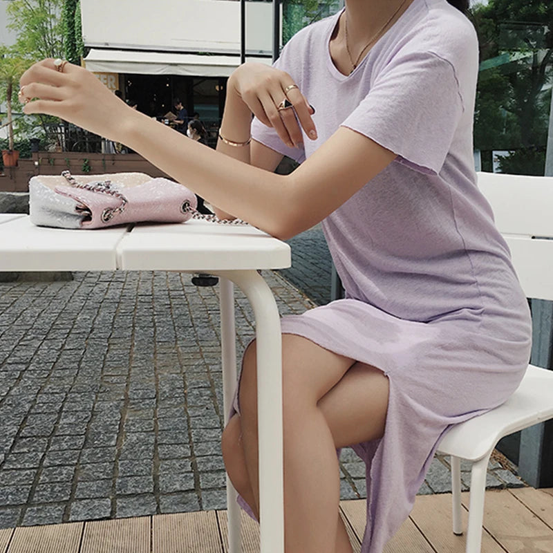 Casual 94 % Baumwolle Sommer frauen Kleider Solide Kurzarm Verschüttet Lange Midi Kleid Mode Sommerkleid Weibliche Kleidung, M30465.