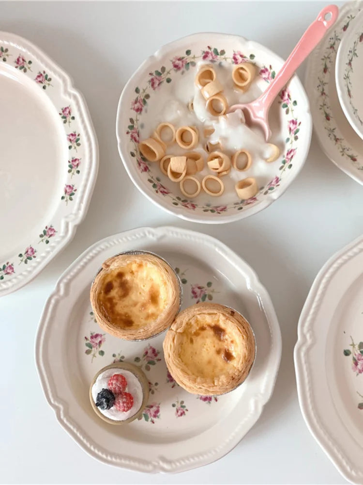 Ceramic Plate French Style Retro Floral Reliefs Food Plate Yogurt Salad Bowl Dessert Plate Dish Dinner Wedding Set Dinner Plates.