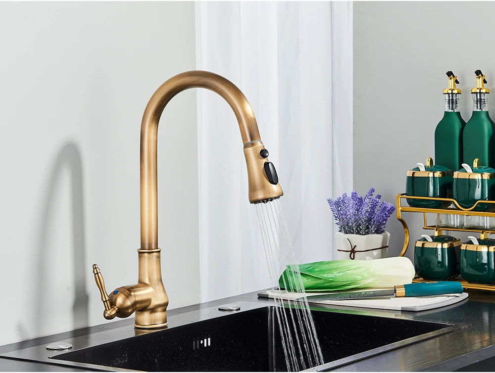 POIQIHY Antique Brass Kitchen Faucet Pull Out Bathroom Kitchen Mixers Single Handle Pull Down Cold Hot Water Tap Deck Mounted