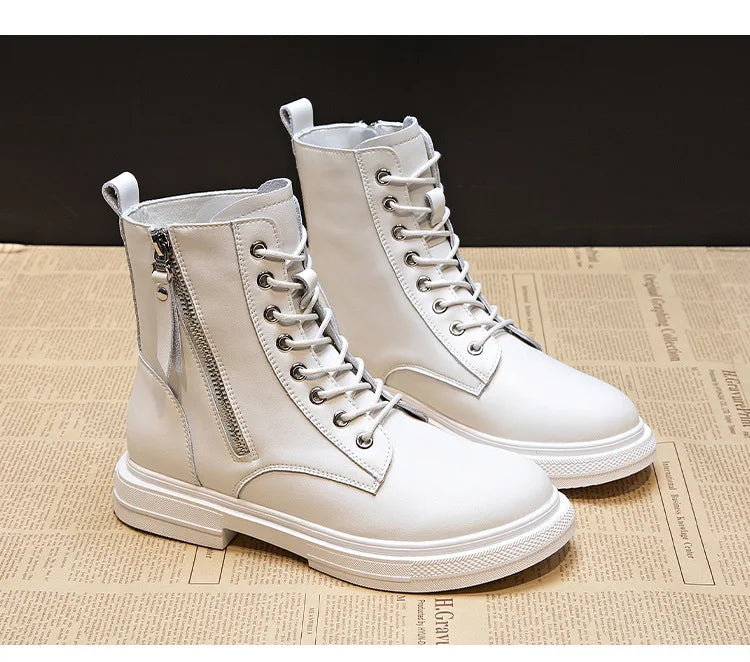 WOIZGIC Women's Ladies Genuine Leather Female Shoes Ankle Boots Platform Lace Up Warm Winter Autumn Fur Plush Motorcycle.