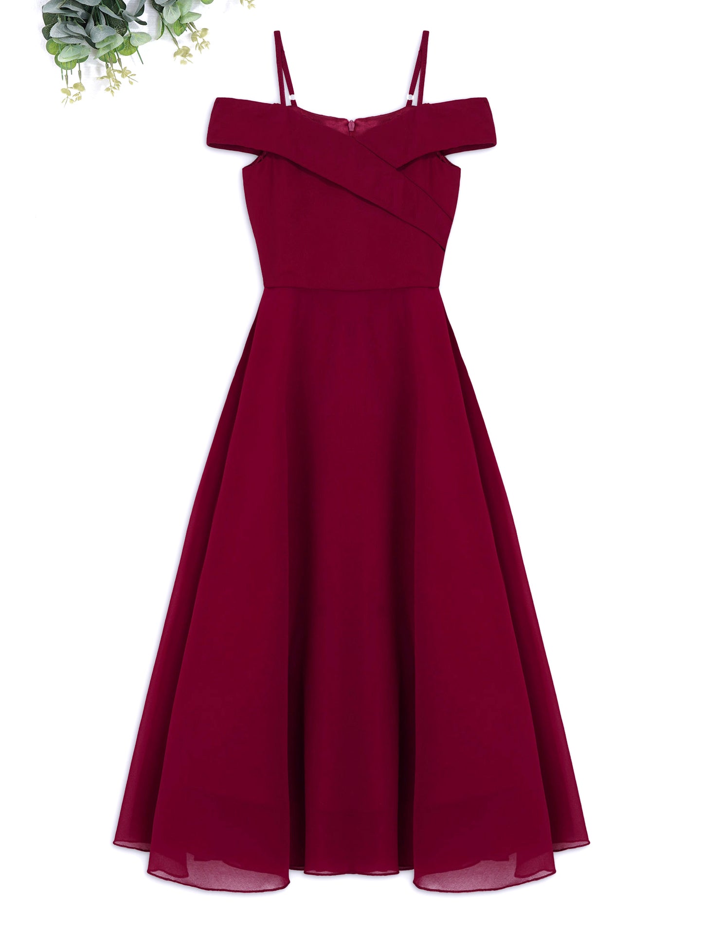 Elegantes Chiffon-Partykleid für Mädchen, schulterfrei, verstellbarer Spaghettiträger, bodenlanges Maxikleid für Hochzeit, Geburtstag, Abend.