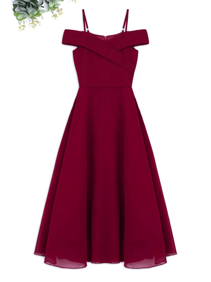 Elegantes Chiffon-Partykleid für Mädchen, schulterfrei, verstellbarer Spaghettiträger, bodenlanges Maxikleid für Hochzeit, Geburtstag, Abend.