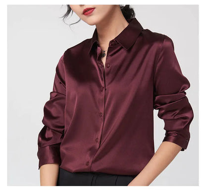Woman Silk Shirt Long-sleeved Satin Women Blouse 19mm Mulberry Silk Blouse Loose Versatile Base Shirt 95% Natural Silk+5%Spandex