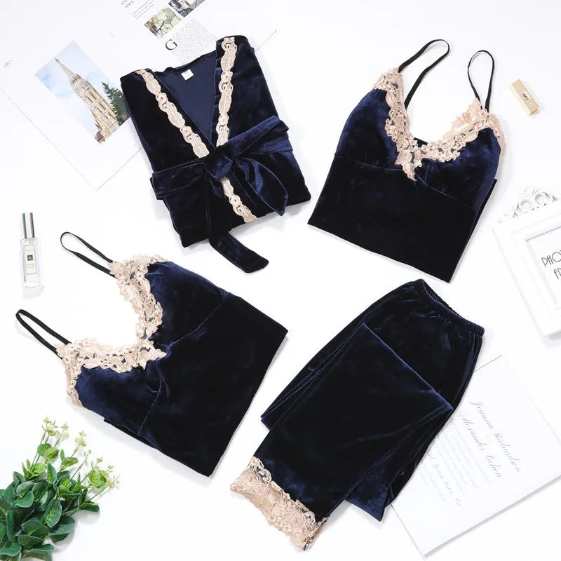 Autumn Velvet Women 4PCS Pajamas Set Sleepwear Burgundy Velour Bathrobe Nightwear Lace Patchwork Pijamas Suit Sexy Negligee