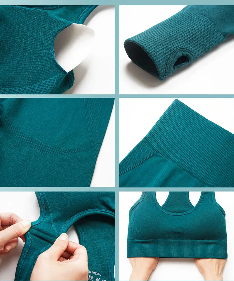 High Waist Elastic Seamless Yoga Wear Women Fitness Clothes Gym Clothing Workout Set Long Sleeve Crop Top Leggings Sports Suit.