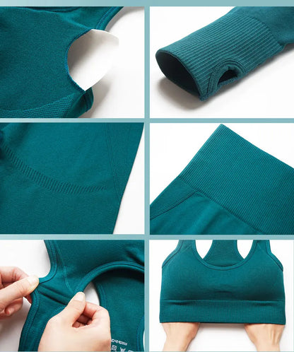 High Waist Elastic Seamless Yoga Wear Women Fitness Clothes Gym Clothing Workout Set Long Sleeve Crop Top Leggings Sports Suit.