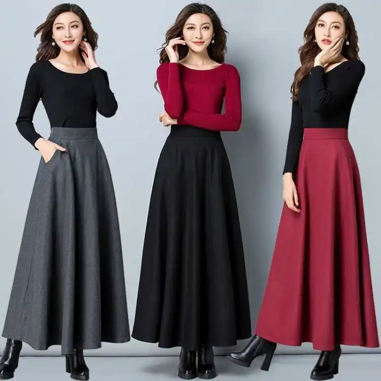 FairyShely 2025 Autumn Winter Retro High Waist Pleated Skirt Women Casual Pocket Woolen Maxi Skirt female Flare Red Long skirt.