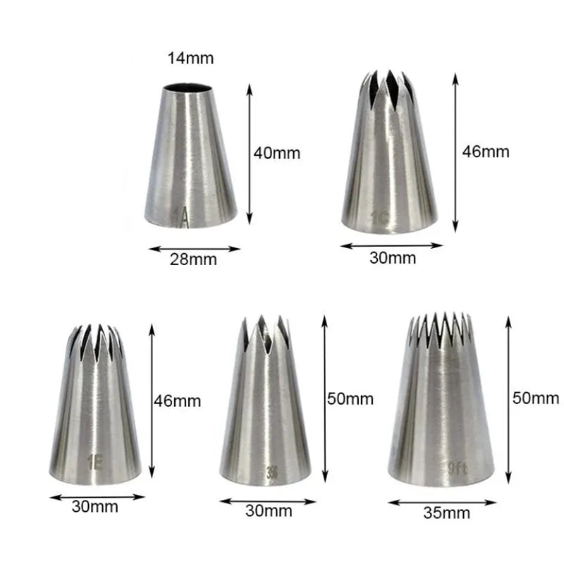 5pcs Large Metal Cake Cream Decoration Tips Set Pastry Tools Stainless Steel Piping Icing Nozzle Cupcake Head Dessert Decorators.