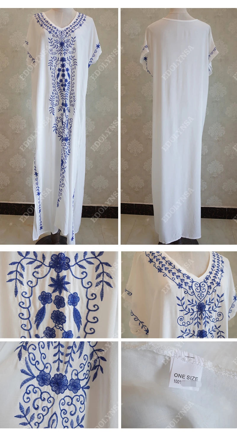 2025 Indie Folk Schnürung V-Ausschnitt Fledermausärmel Sommer Strandkleid Tunika Damen Beachwear Kaftan Maxikleid Robe Sarong Q775.