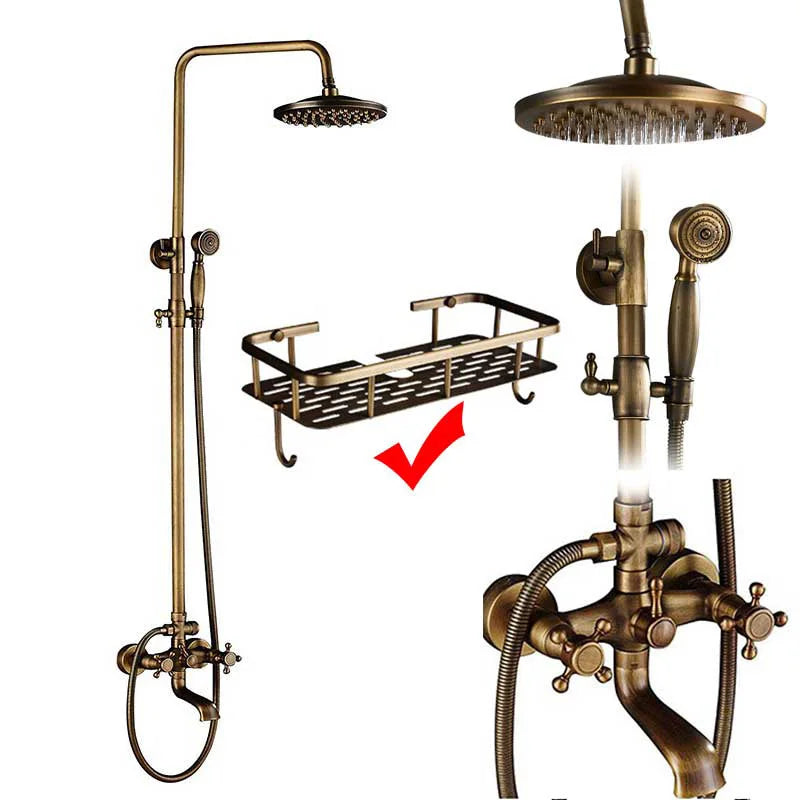 POIQIHY Antique Shower Set Wall Bathroom Bath Shower Faucet Rainfall Brass Swivel Spout Mixer Tap Sliding Bar Shower System