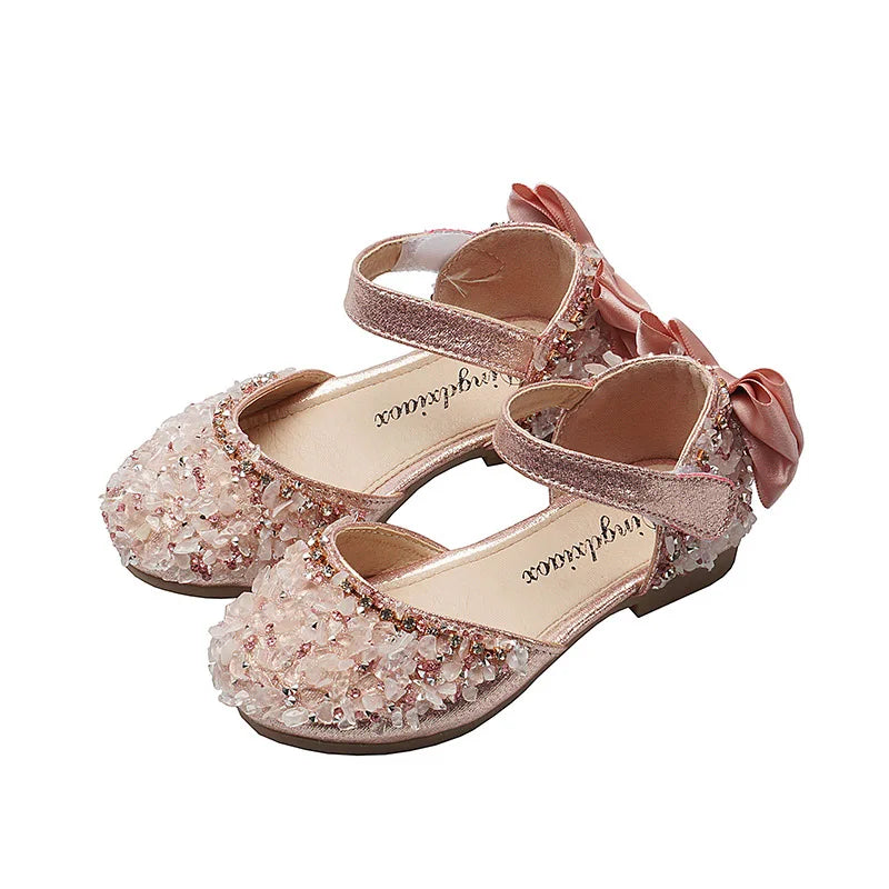 New Kids Leather Shoes Girls Wedding Shoes Children Princess Sandals Sequins Bow Girls Casual Dance Shoes Flat Sandals E462.